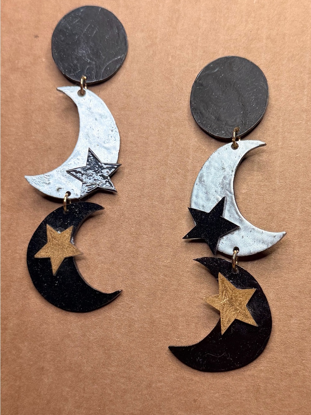 Celestial Moon & Star Dangle Earrings in Black, Silver & Gold